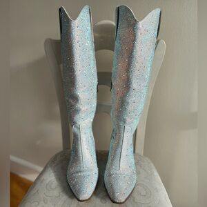 Ronilurn Knee High Rhinestone Silver Heeled Cowgirl Boots